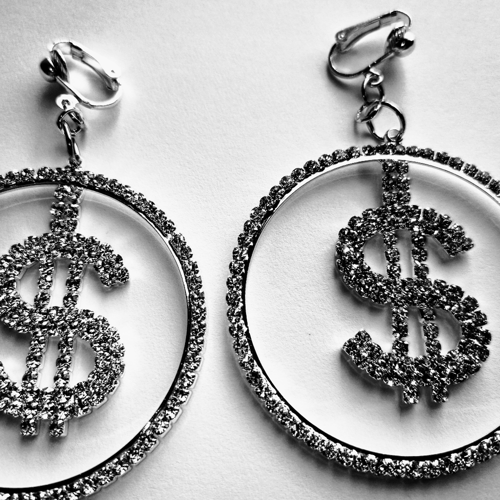 2" Silver Rhinestone $ Sign Hoop Clipon Earrings - Picture 3 of 6